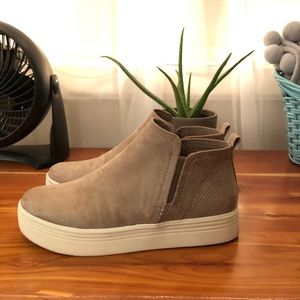 Brown faux suede platform booties.